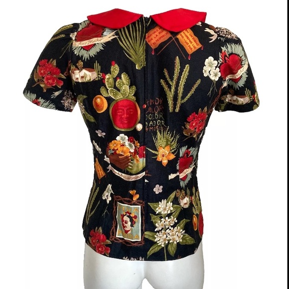 Hemet Store Frida Kahlo Cactus Collared Retro Pinup Top Blouse Sz S - Picture 2 of 11